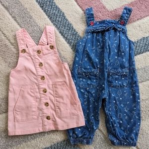 Bundle of Overalls & Pink Denim Dress Baby Girls 9-12 Month